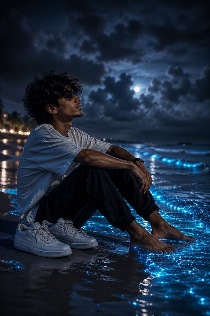 Boy Sitting in the beach sand at night looking in the sky