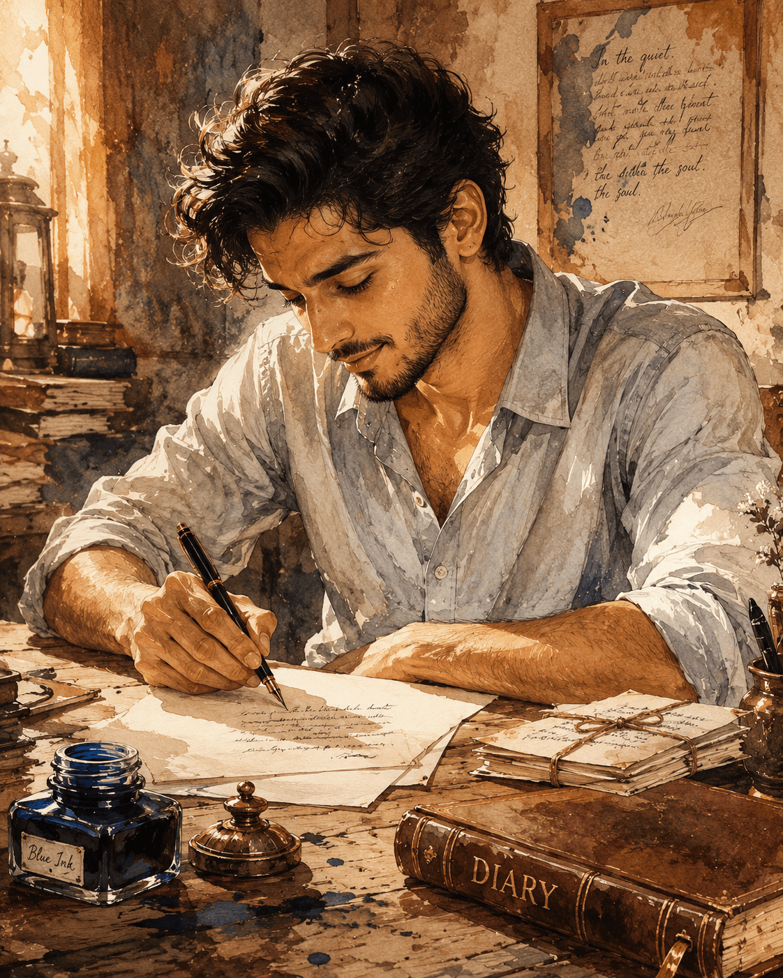 Letter Writer – Watercolor Illustration - Illustration / Art AI Image Prompt