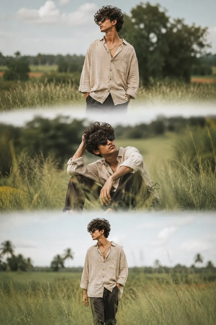 Dreamy Cinematic Triptych Field Portrait Prompt (Soft Aesthetic Style)