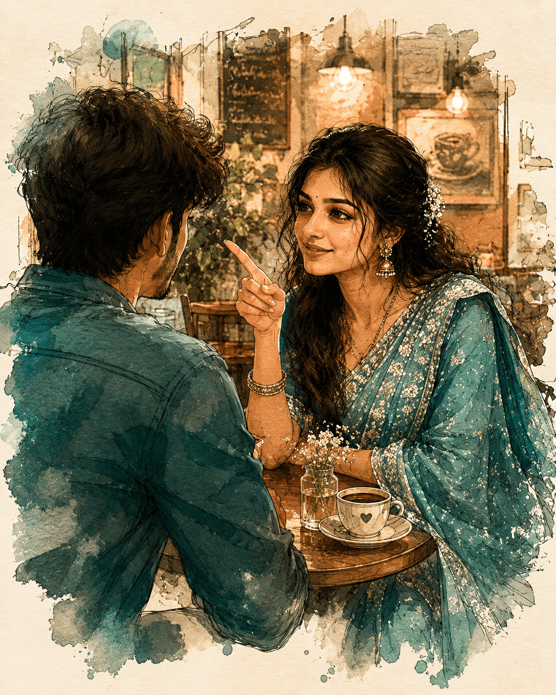 Café Couple – Teal Watercolor Art (Dual Variant) - Illustration / Art AI Image Prompt