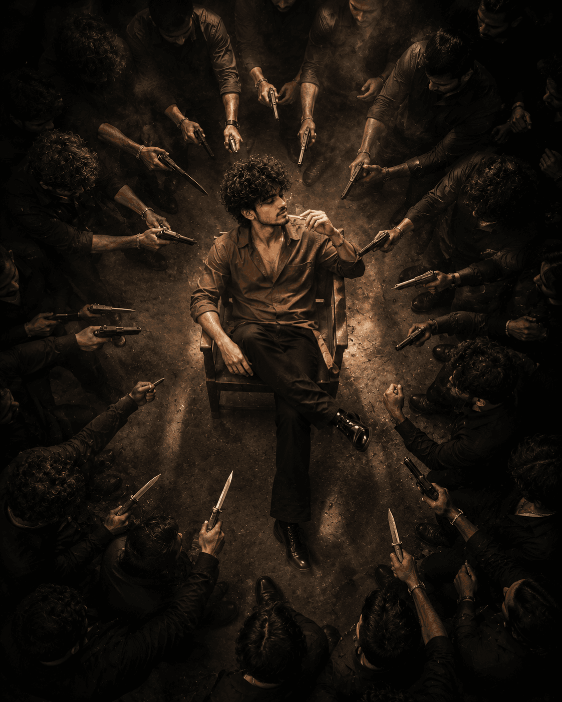 Confrontation – Top-Down Cinematic Scene - Cinematic / Drama AI Image Prompt