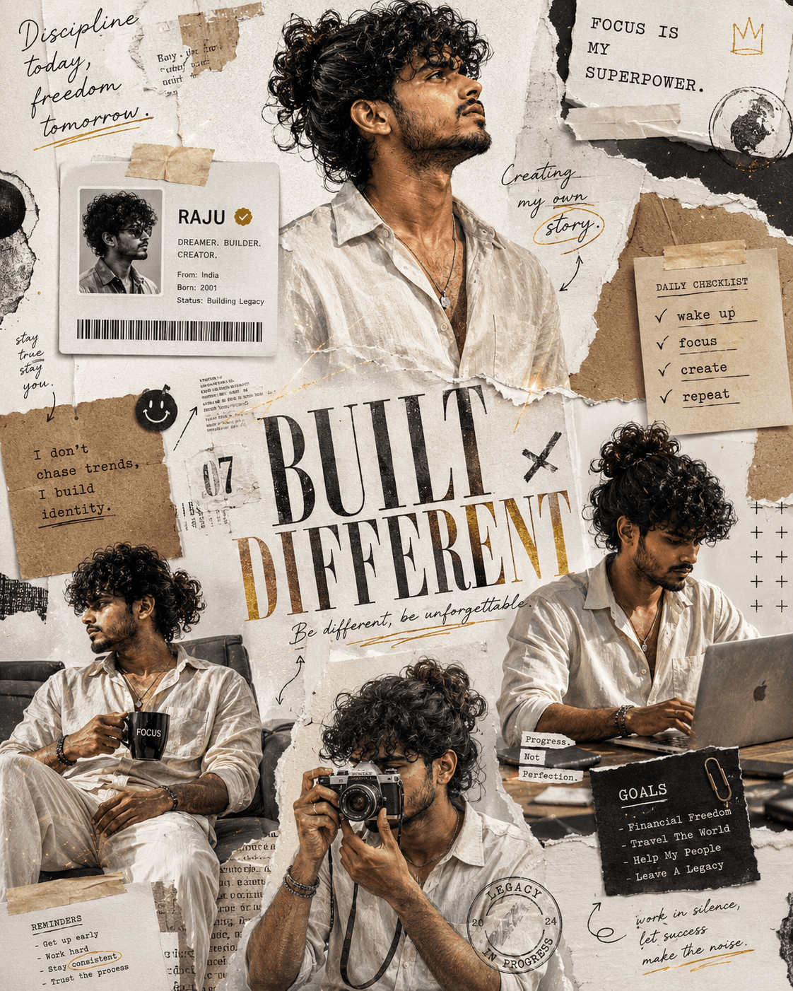 BUILT DIFFERENT ā Editorial Collage Poster - Solo Male ā Fashion AI Image Prompt