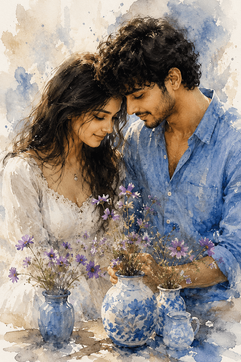 Watercolor Couple – Flowers & Blue Vases - Illustration / Art AI Image Prompt