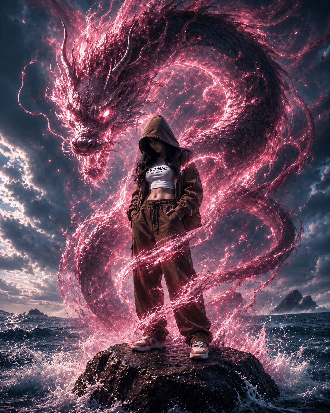 Ocean Rock – Pink Monster Fantasy Scene - Female – Fantasy AI Image Prompt