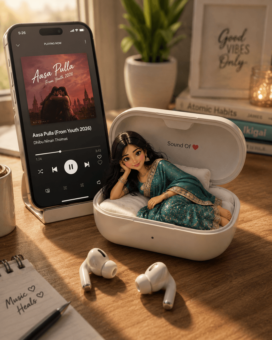 3D Miniature Girl in Earbuds Case - Creative / 3D Art AI Image Prompt
