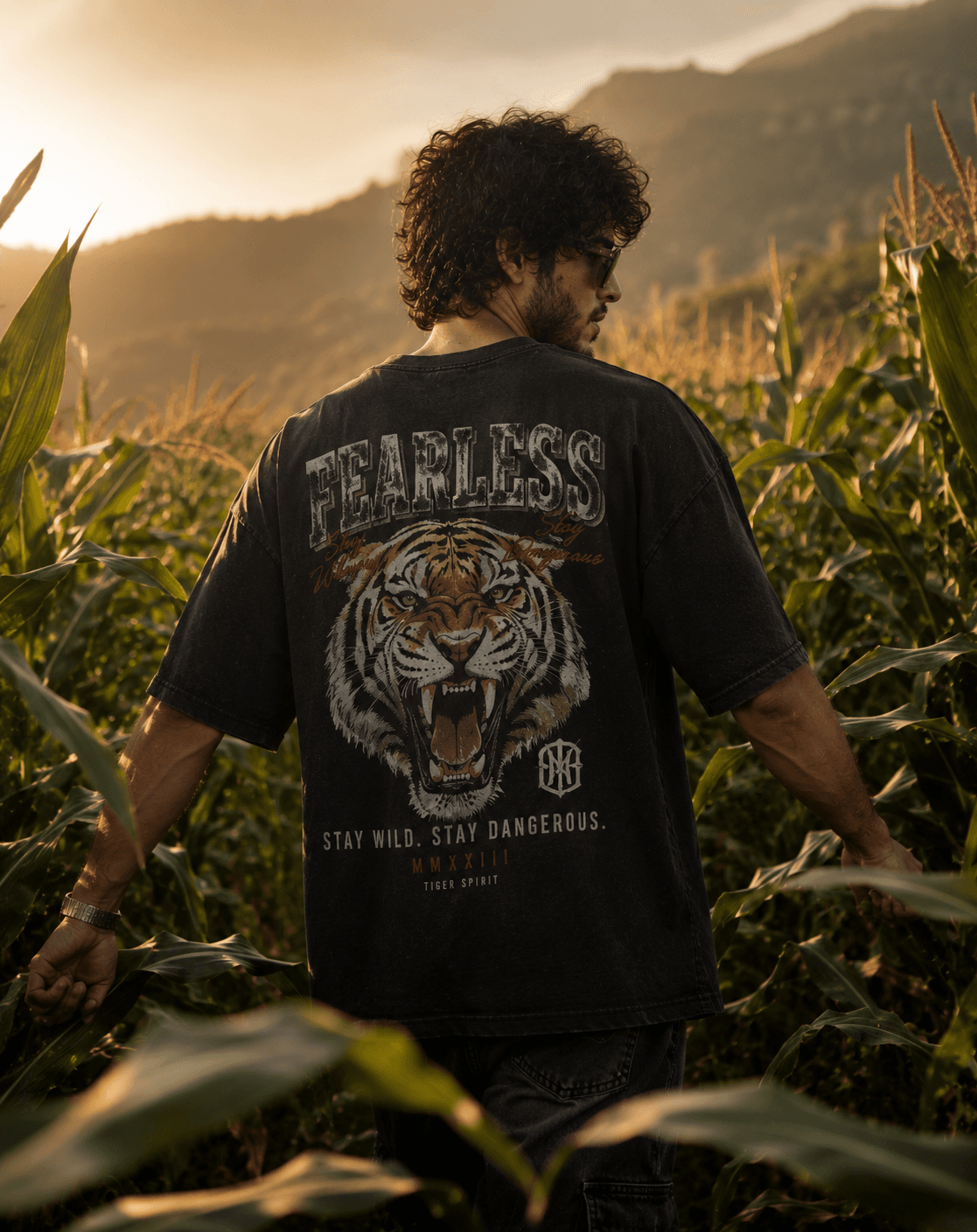 Tiger Tee – Cornfield Fashion Campaign - Fashion / Product AI Image Prompt