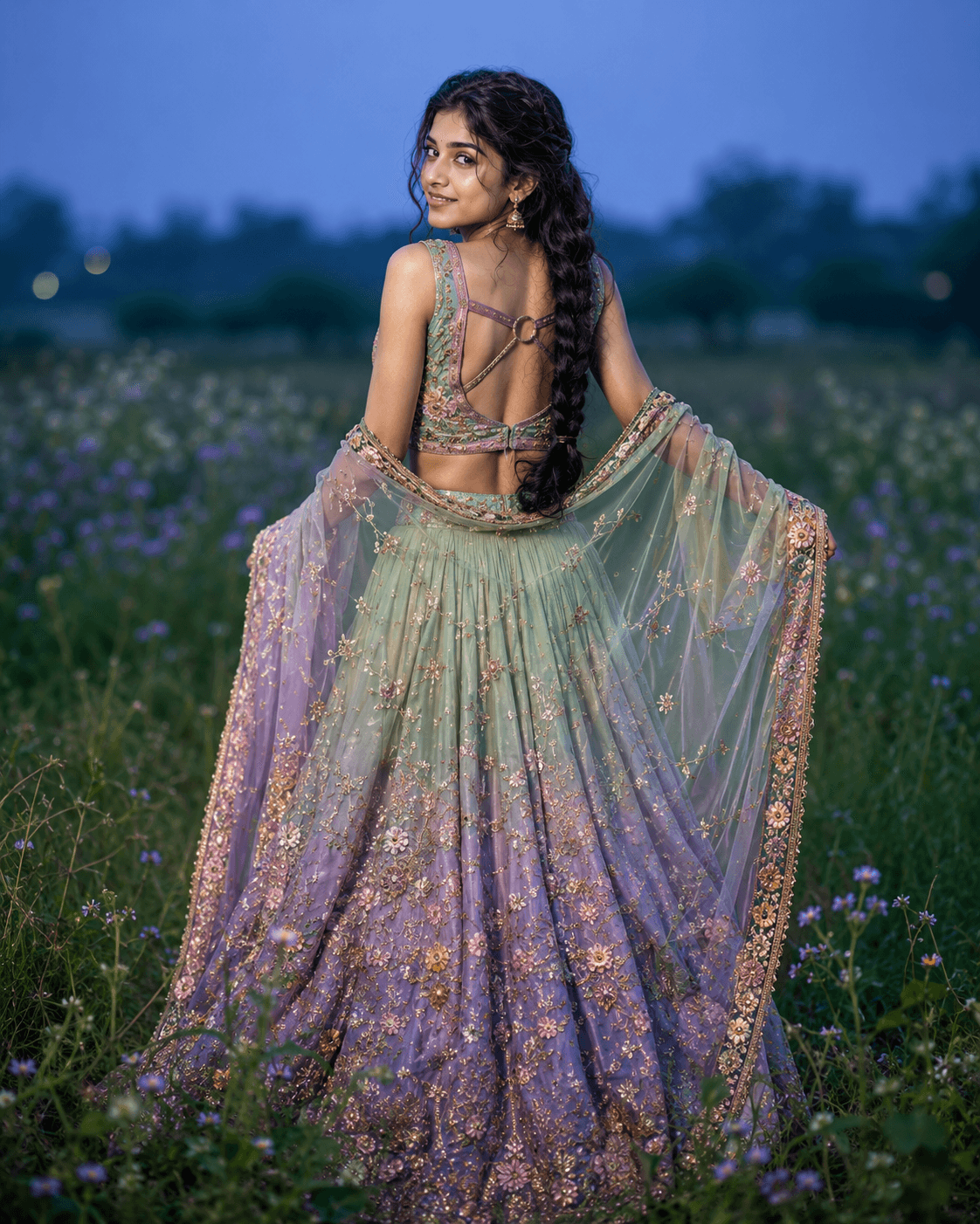 Wildflower Meadow – Blue Hour Bridal Portrait - Female – Bridal AI Image Prompt